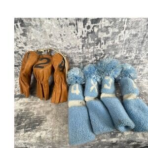 Vtg Golf Club Head Covers Leather Tan Knit Blue 7pc Protective Cover Accessories